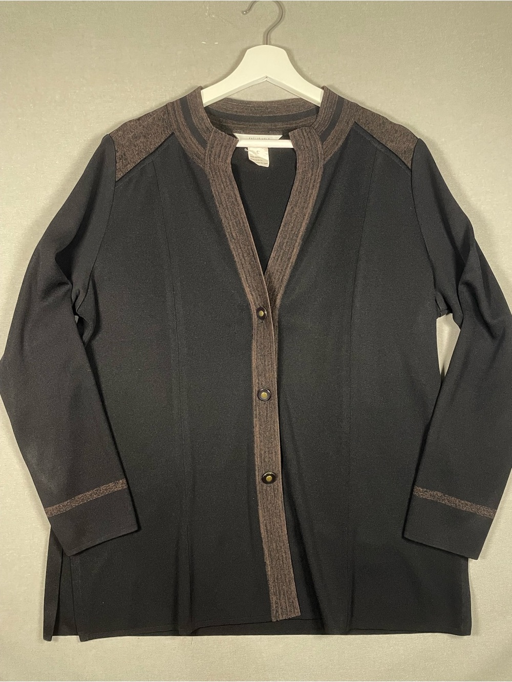 Exclusively Misook Vintage Knit Button Jacket Cardigan Black Brown Trim L